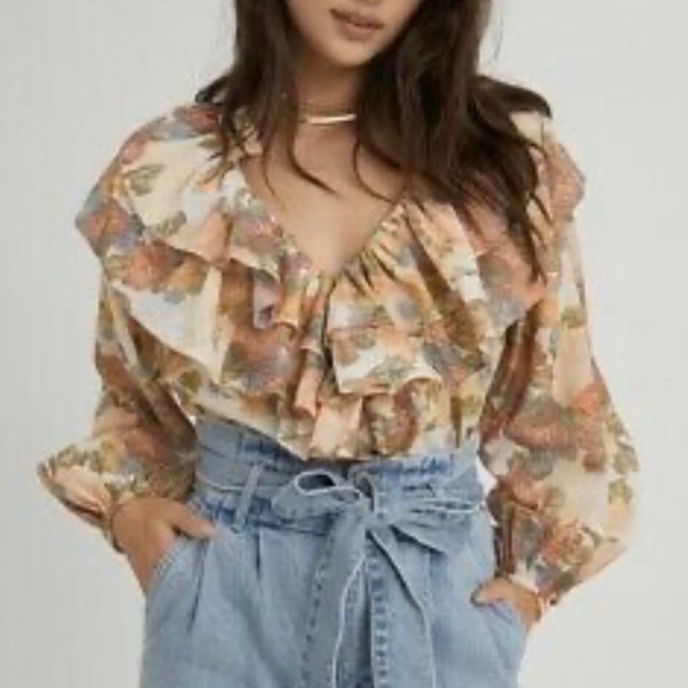 Something navy floral ruffled blouse M